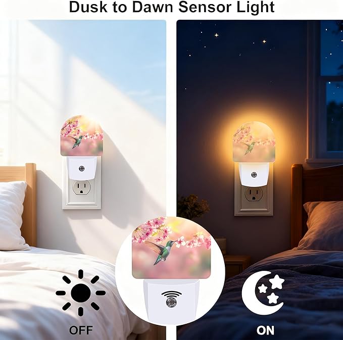 Hummingbird with Pink Flowers Night Light, Dusk-to-Dawn Auto Sensor Plug in Night Light for Kids, 0.5W Energy Saving LED NightLights for Bedroom/Bathroom, Ideal Gifts for Women Men