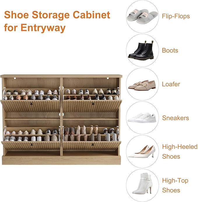 GarveeHome Shoe Cabinet with 4 Flip Drawers, Hidden Wooden Fluted Shoe Cabinet with Adjustable Shelf, Freestanding Shoe Storage Cabinet for Entryway Hallway, Living Room, Natural Oak