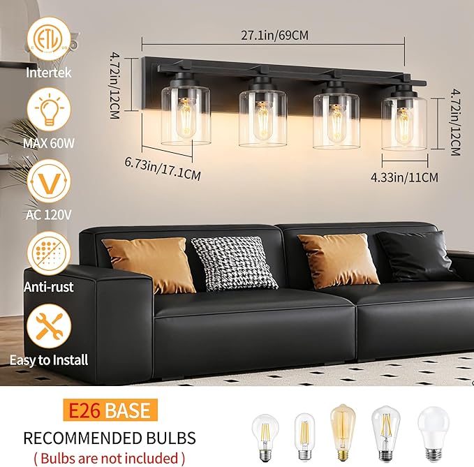 4 Light Modern Bathroom Light Fixtures Over Mirror, Black Vanity Lights for Bathroom Wall Sconces with Clear Glass Shades, E26 Socket (Bulbs Not Included)