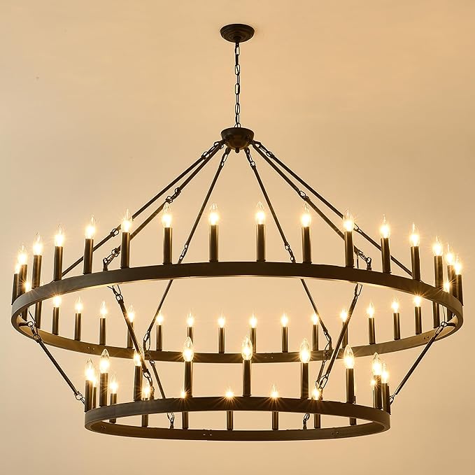 2 Tier Large Black Wagon Wheel Chandelier Farmhouse Industrial Chandelier Rustic Pendant Light Fixture Extra Large Wheel Chandeliers for high Ceilings (Black, 60 Inch 2 Tier 54-Lights)