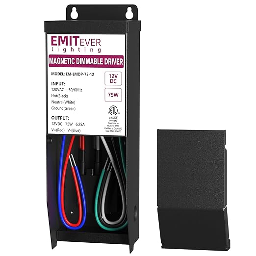 EMITEVER 75W Magnetic Dimmable LED Drvier, 12V Transformer Magnetic Power Supply 120VAC to 12VDC, Compatible with Lutron and Leviton Dimmer, for LED Strip Light,Kitchen,Cabinet,ETL Listed