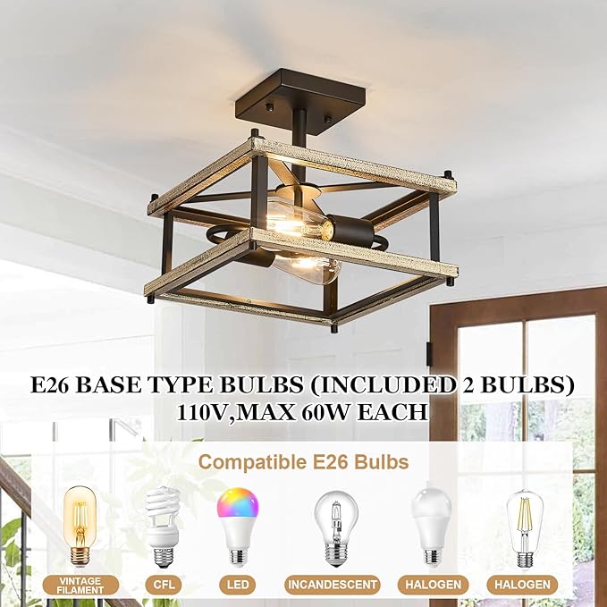 Farmhouse Ceiling Light Fixture 2-Light Square Hallway Light Black and Metal Frame Wood Grain Vintage Industrial Ceiling Lamp for Bedroom Kitchen Foyer Living Room Dining Room