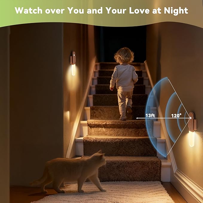 Motion Sensor Night Light - Wireless Wall Light, Battery Operated Wall Sconces Set of 3, Magnet Rechargeable LED Lights, Stairs Lights, Decor for Bedroom, Hallway, Living Room (Walnut Wood 3PCS)