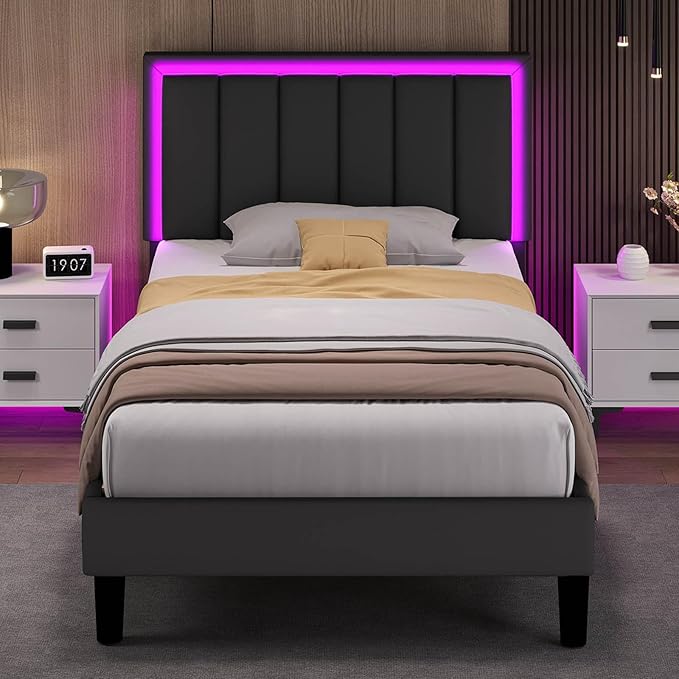 Twin Bed Frames, Upholstered Bed Frame Twin Size with Headboard, RBG LED Lights, Heavy Duty Wood Slats Support, Noise-Free, No Box Spring Needed, Easy Assembly, Black