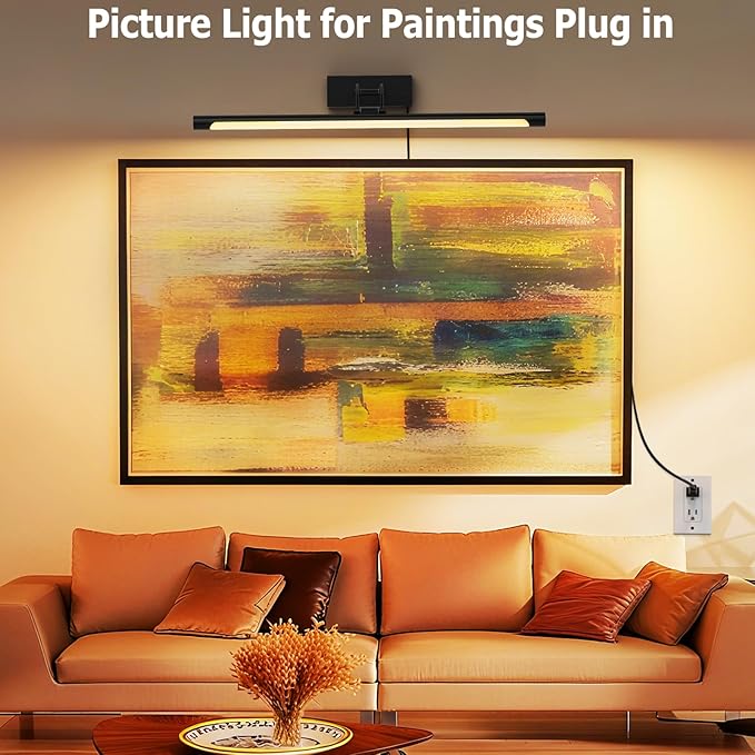 Plug in Picture Light for Wall Mural LED Art Light with On/Off Switch, 3000K Warm White Brightness Adjustable Gallery Painting Lights for Picture Display Dartboard Art Work (Black, 24inch)