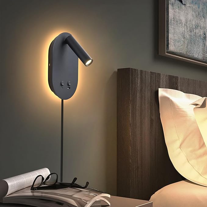 Wall Lamp Plug in Hardwired 2 in 1 Wall Sconces, Wall Mounted Reading Light with USB Type C Ports, Adjustable Bedside Headboard Spotlight, Bedside Lamp with 9W+3W Night Light 3000K (Black)
