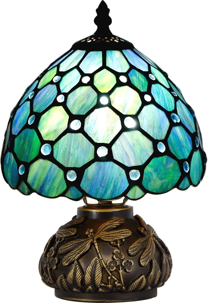 Small Tiffany Table Lamp Stained Glass Desk Lamp 8X8X11 Inch Accent Antique Light (Sea Blue Pearl)