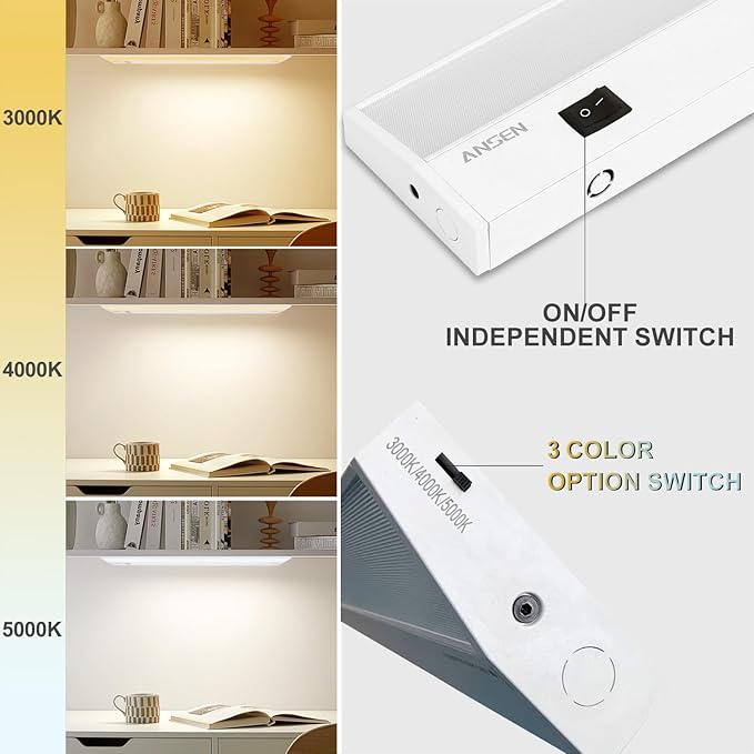 Ansen 2Packs of Under Cabinet Lighting Hardwired, 18in 15W 998LM Dimmable Led Light for Kitchen/Closet, CRI 92+, R9 90+, 3 Color Temperature, 3000K/4000K/5000K(Warm White, Cool White, Daylight)