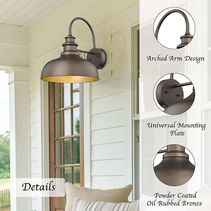 Bestshared Farmhouse Barn Light, 14 Inch Dome Farmhouse Wall Mount Light Fixture, Outdoor Wall Sconce,Exterior Lighting Fixture,Wall Porch Light for Front Door, Entryway,Patio(ORB+Gold, 14”Dome-2Pack)