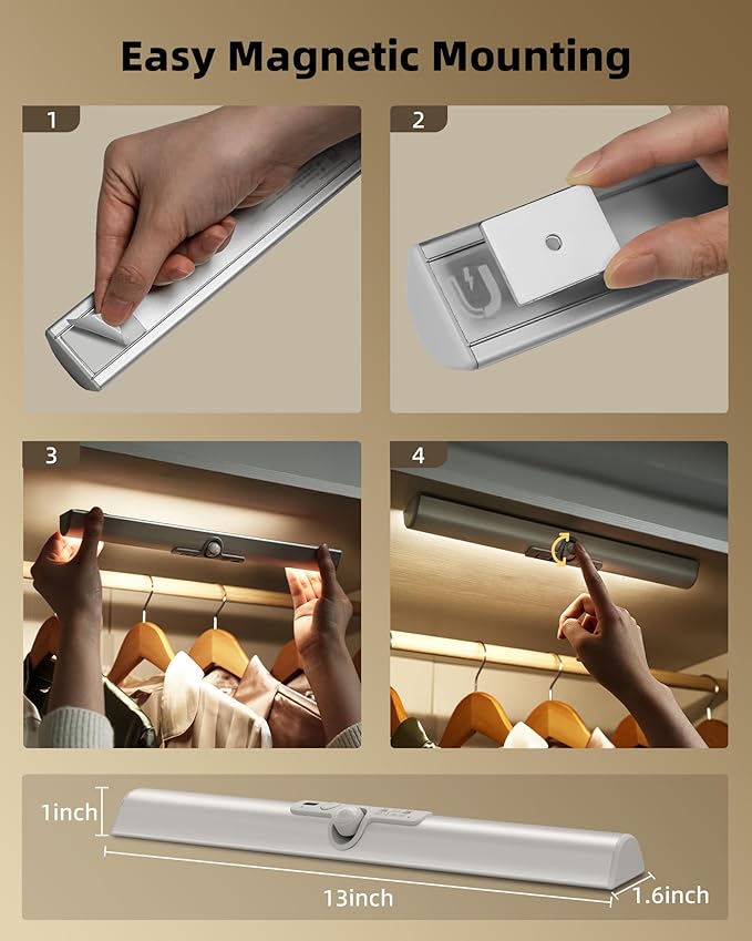 EZVALO Motion Sensor Closet Lights, 2 Pack Rechargeable LED Lights with Rotatable Sensor, Glare-Free, 3 Color Temps & Dimmable, Magnetic Cabinet Lighting for Closet, Pantry