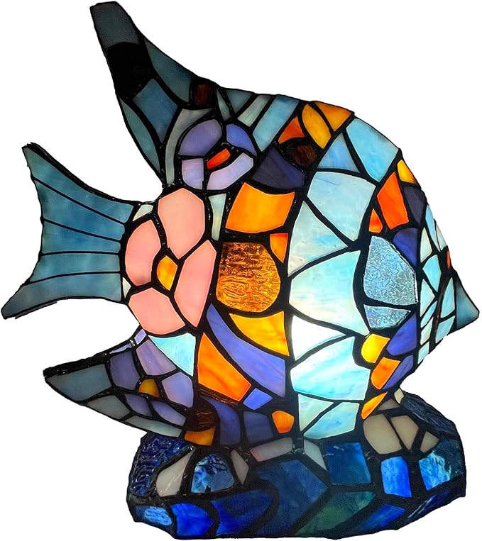 Bieye L13010 Tiffany Style Stained Glass Fish Accent Table Lamp for Home Décor (Blue Angelfish)
