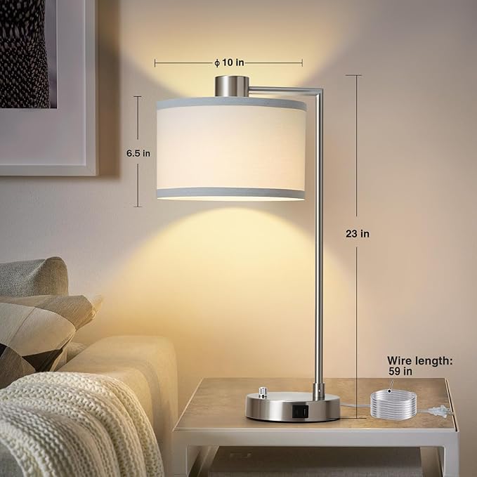 Luvkczc Table Lamps for Living Room with USB C+A Ports - Fully Stepless Dimmable Bedsides Lamp with Linen Lampshade, Lamps for Night Stands Bedroom Reading Office, 2 LED Bulbs Included (Silver)