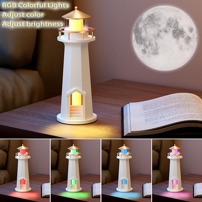 Light House Night Light with Speaker, Moon Projection Lamp, Wireless Phone Charger, Ambient Light