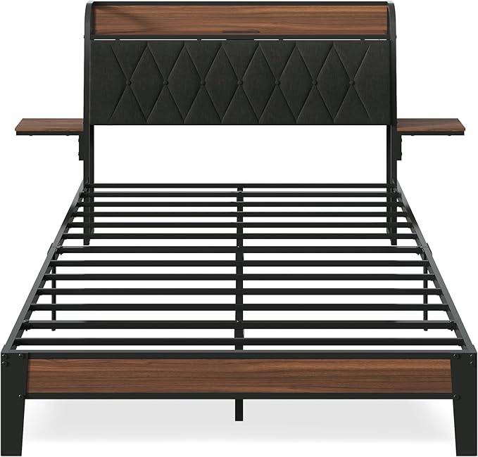 WLIVE Full Size Bed Frame with Headboard, Upholstered Bed Frame with 2 Storage Shelves, Platform Bed with LED Lights and Charging Station, 1500LBS Mattress Foundation, No Box Spring Needed, Black