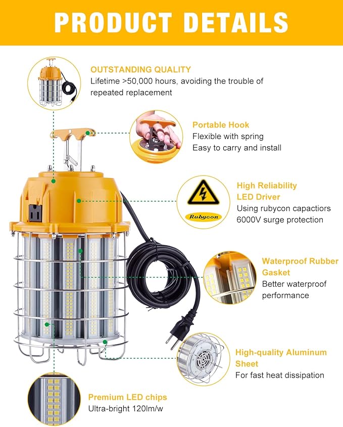 LED Temporary Work Light 100W with 15FT Cord, LED Construction Lights 12,000lm 5000K Daylight Stainless Steel Guard Portable Hanging Work Lighting Workshop Jobsite Light Outdoor
