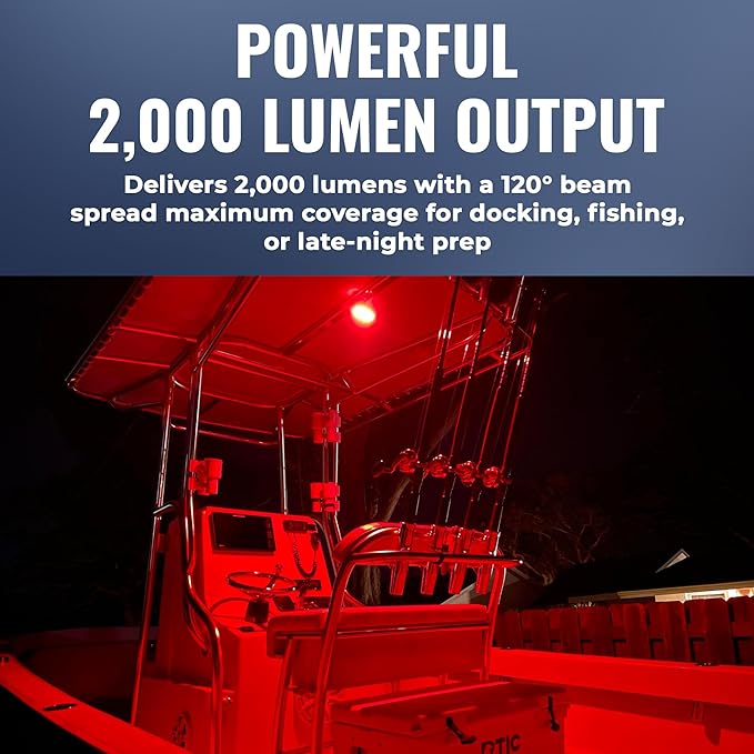 Black Oak Low Pro™ Marine Spreader Light – 2000 Lumens, 120° Beam, IP69K Rated – Flush Mount LED Deck/Dock Fixture for Boats (Black Housing, Red Halo)