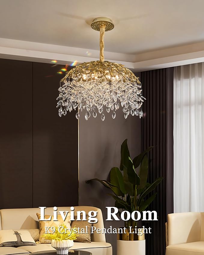 Modern Crystal Chandelier for Dining Room, 8-Light 23.62" Gold Tree Branch Chandeliers, Luxury K9 Crystal Rectangular Chandeliers for Kitchen Island Living Room