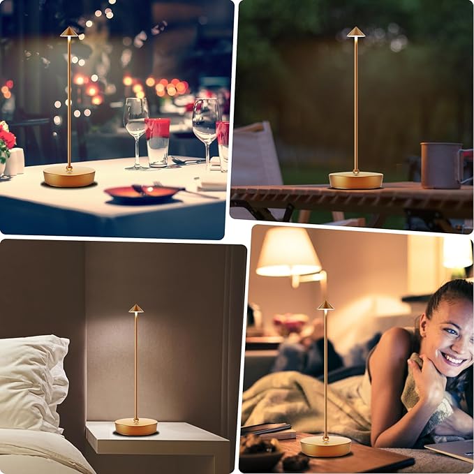 2Pack Rechargeable Cordless Table Lamp, Portable Powered LED Battery 6000mAh Metal USB Desk Lamp, 3 Levels Brightness Light for Restaurants Outdoor (2pack Gold)