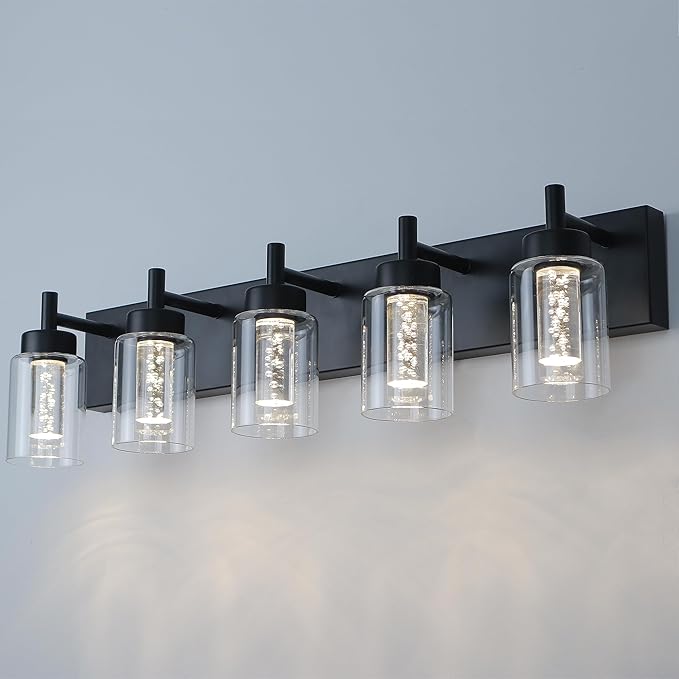 VINLUZ 5-Light LED Bathroom Vanity Light Fixtures, Metal Black Finish Bathroom Lighting Over Mirror Interior Wall Lighting Fixtures with Crystal Bulb Clear Glass Shade(LED Bulbs Included)