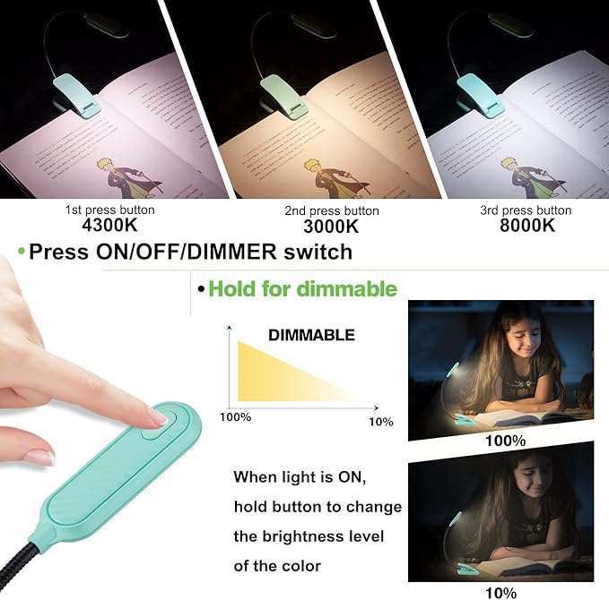 Book Light for Kids, Rechargeable Clip on Book Reading Light in Bed, Dimmable Brightness Eye Caring 3 Lighting Modes Headboard Studying Light,Night Light for Kids Studying(2pk,Blue)
