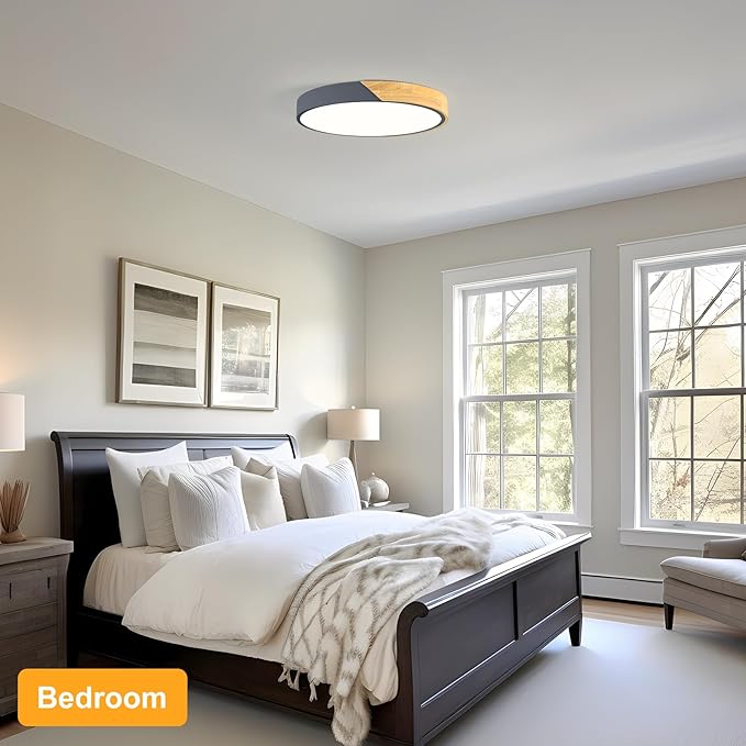 Vikaey Modern LED Ceiling Light, Minimalist Wood Flush Mount Ceiling Light Fixture, 4000K Not Dimmable, Circle Lighting Lamp with Acrylic Lampshade for Bedroom Dining Room Laundry (Grey, 15.8'')