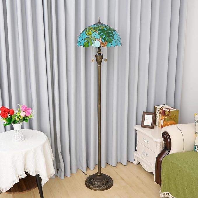 Tiffany Floor Lamp Monstera Deliciosa Stained Glass Lamp for Living Room Bedroom Office Bright Lighting Rustic Monstera Swiss Cheese Plant Corner Decor Standing Tall Unique Light