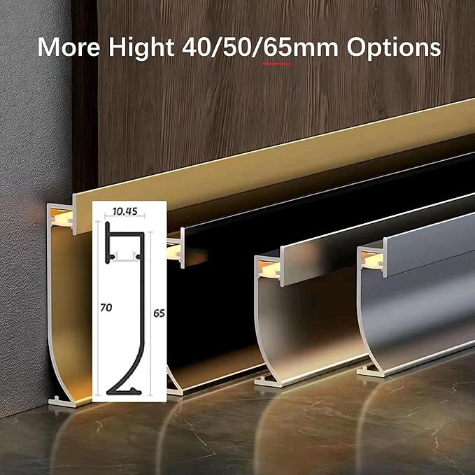 LED Aluminium Metal Baseboard Trim, Matte Champagne 20Pcs 65mm x 1200mm 2.56" x 3.94' Total 78.7 ft LED Light Aluminum Wall Base Board Cover Molding Skirting Trim, Embedded Installation Downlight