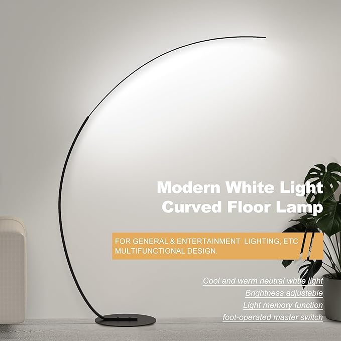 Adjustable White Light Modern 69.99 inch Arched Standing Reading Floor Lamp with Remote - Dimmable Black Led Curved Light for Bedroom and Reading Room