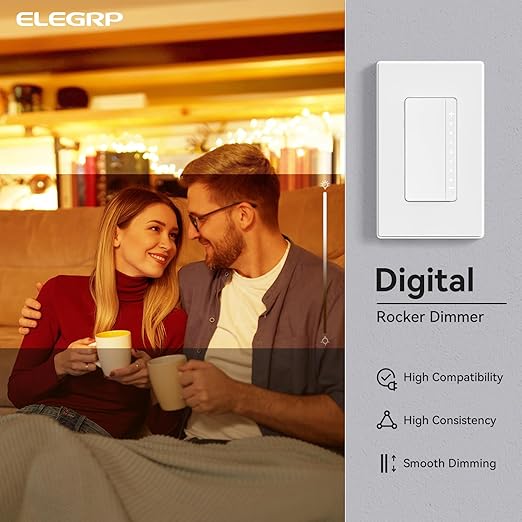 ELEGRP Dimmer Switch, Digital Dimmer Light Switch for LED Lights 150W, INC/HAL 450W, Single Pole LED Dimmer Switch, Needs Neutral Wire, Wall Plate Included, UL Listed, 2 Pack, Matte White