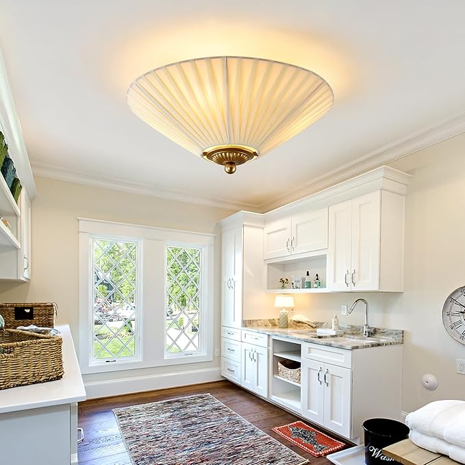 UOFUS 14.2" Flush Mount Ceiling Light with Pleated Linen Fabric Shade 3-Light Gold Close to Ceiling Light Fixture Cone-Shaped Modern Ceiling Lamp for Bedroom Hallway Entryway Nursery Kitchen