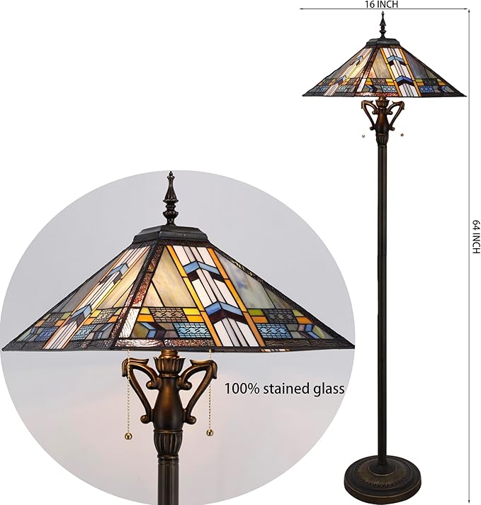 Tiffany Floor Lamp Blue Cloudy Mission Style Stained Glass Standing Reading Light 16X16X64 Inch