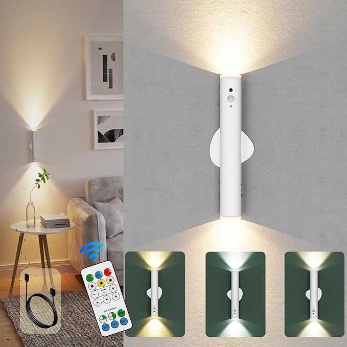 Rechargeable Wall Sconces | Dimmable LED Cordless Lamp with Remote, Motion Sensor, Metal Body | Battery Operated Lights for Decor, Night Light Indoor, Hallway, Bedroom, 1pcs