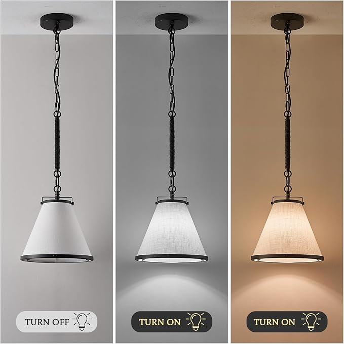 3-Pack Black Pendant Lights Kitchen Island Ceiling Pendant Light with Linen Lampshade 10in Transition Pendant Hanging Light with Chain for Kitchen Sink Entryway Hallway Dining Room