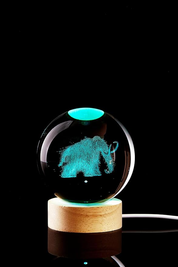 Large Elephant Crystal Ball Night Light with Woodern Base, 3D Mammoth Crystal Lamp 16 Color Changing with Remote Control, Laser Engraved Glass Ball Lamp, Room Decor (Elephant)