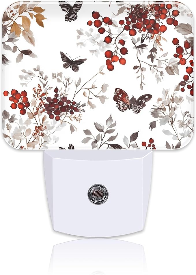 Vintage Wildflower Plants Night Light Plug into Wall, Butterfly Night Light with Dusk to Dawn Sensor for Kid Girls Boys Women Men Room, Hallway, Kitchen, Bathroom, Stairs Decor