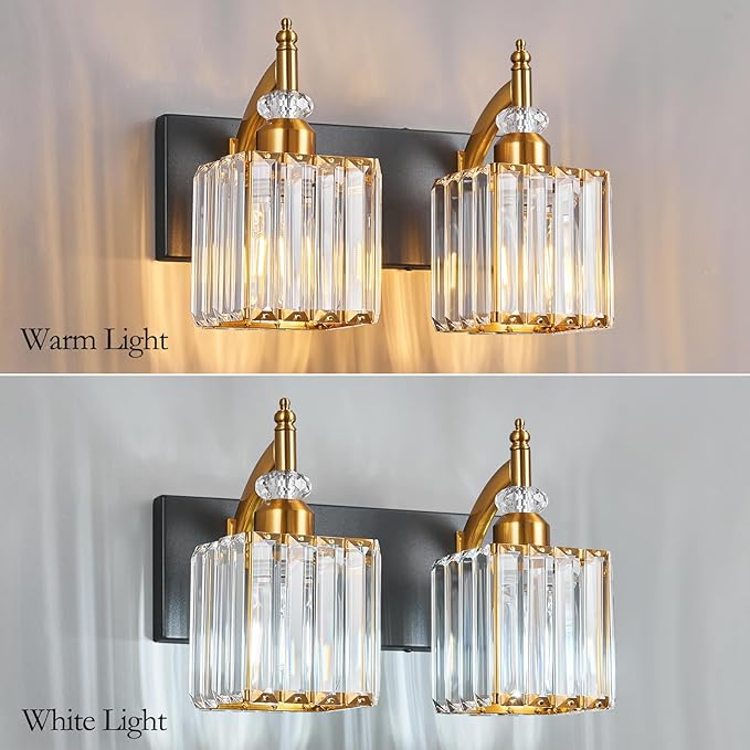 Modern Bathroom Vanity Light 2-Light Black and Gold Crystal Light Fixtures Over Mirror for Bathroom Wall Sconce