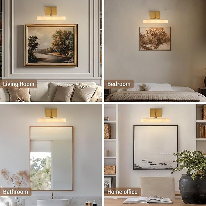 12" Alabaster Picture Light, Gold Hardwired Wall Sconce Bathroom Mirror & Paintings, Adjustable Vanity Light Natural Alabaster LED Light Fixture for Hallway Bedroom Living Room