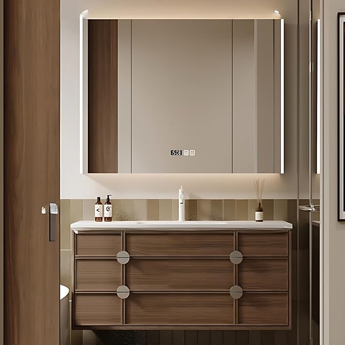 Bathroom Vanity - Wall Mounted Cabinet with 4 Drawers & Integral Ceramic Wash Basin | Smart Mirror Including LED Light Defogging (Style A, 36in)