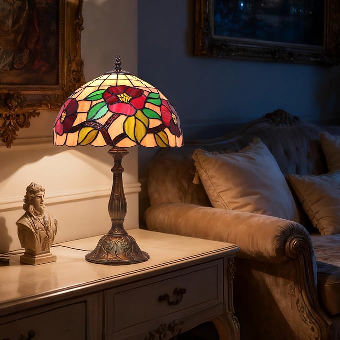 Stained Glass Lamp,12 Inch Vintage Art Glass Table Lamp,Antique Decor Lamp for Bedroom,Living Room,Home Office (Flower)