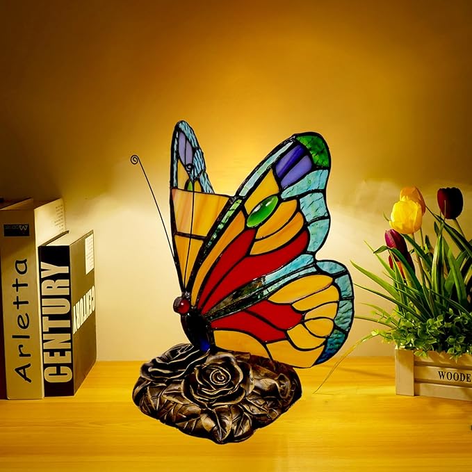 Tiffany Table Lamp Bedside Lamp Colorful Butterfly 5.9" Wide 9" Tall Stained Glass Table Lamp Nightstand Desk Light for Bedroom, Living Room, Office