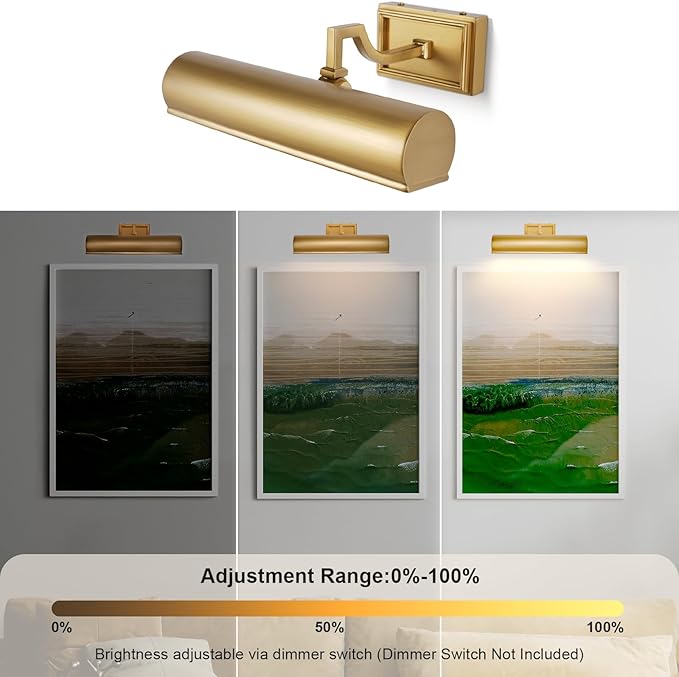 12in Brass Picture Light, 270° Rotatable Gold Wall Sconce Hardwired, 2-Light Vanity Wall Light Over Mirror, Dimmable Picture Art Light for Living Room, Bedroom & Bathroom