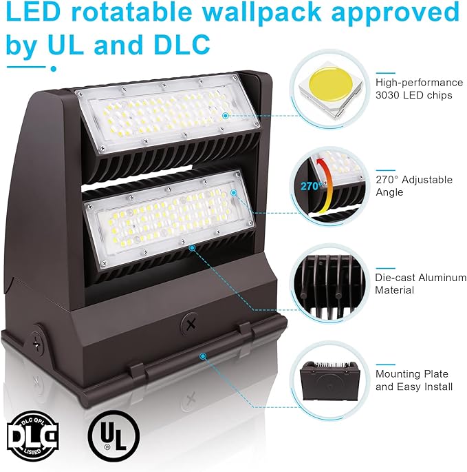 OSTEK LED Wall Pack Light 80W Rotatable Adjustable 5000K 11000LM, Outdoor Dimmable Area Wall Pack led Light Fixture IP65, UL, DLC (watts, 80)