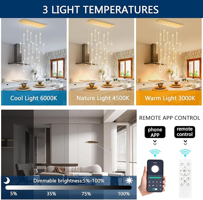 Rectangular Chandeliers 17-Lights Long Light for Entryway LED Dimmable Chandeliers Lighting Fixture Flat Sloped High Ceiling Pendant Lights Crystal for Living Room Foyer Hallway Staircase Gold