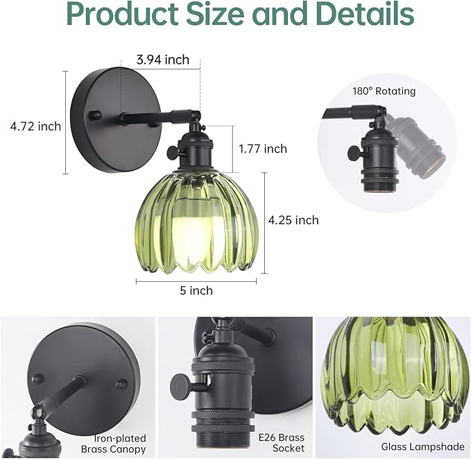 Vintage Battery Operated Wall Sconce with Cute Green Tulip Glass Lampshade Wireless Rechargeable Battery Powered Black Wall Light with Remote Control for Bedside Bedroom Doorway