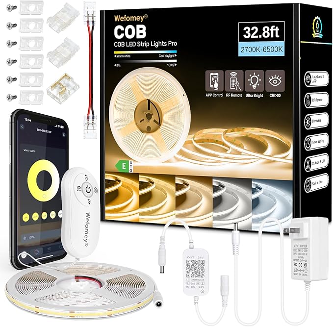 COB LED Strip Light White, Dimmable 2700K-6500K High Density 6080LEDs 24V Flexible LED Tape Light with Remote and APP Control, for Under Cabinet Bedroom Kitchen DIY Lighting,1 Rolls of 32.8ft