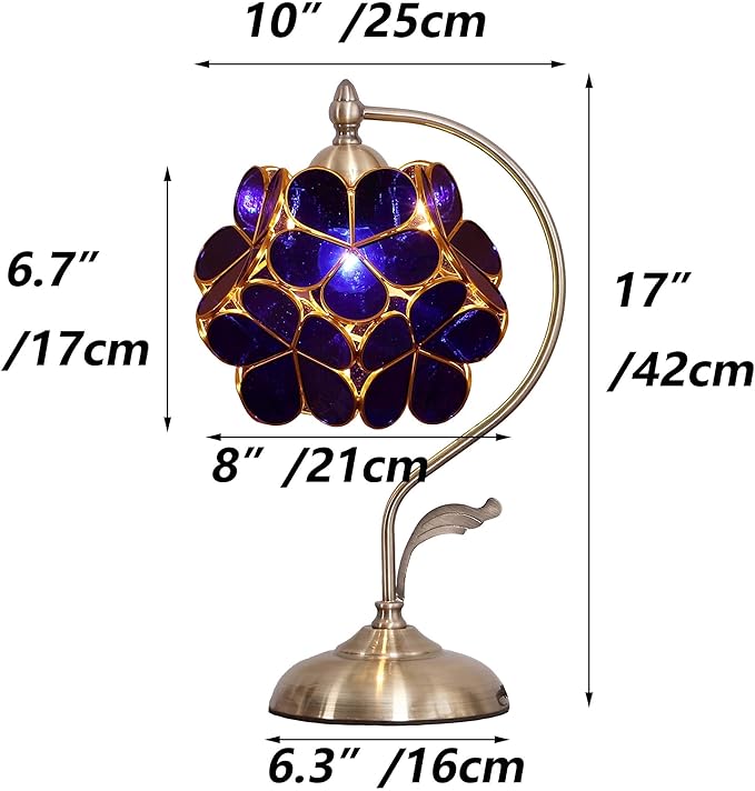 Bieye L10750 Tiffany Style Stained Glass Flower Petal Table Lamp with Brass Base for Home Décor (Blue, 8" Cherry Blossom)