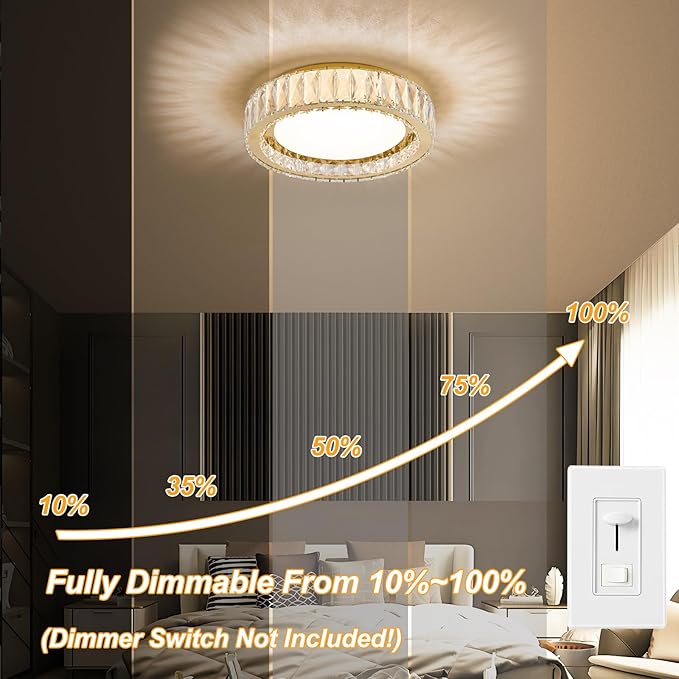 Modern K9 Crystal Dimmable LED Flush Mount Ceiling Light,15 Inch 36W/5CCT 3000K-6000K,Luxury Gold Round Large Close to Ceiling Lighting Fixtures for Living Room,Kitchen,Bedroom,Dining Room