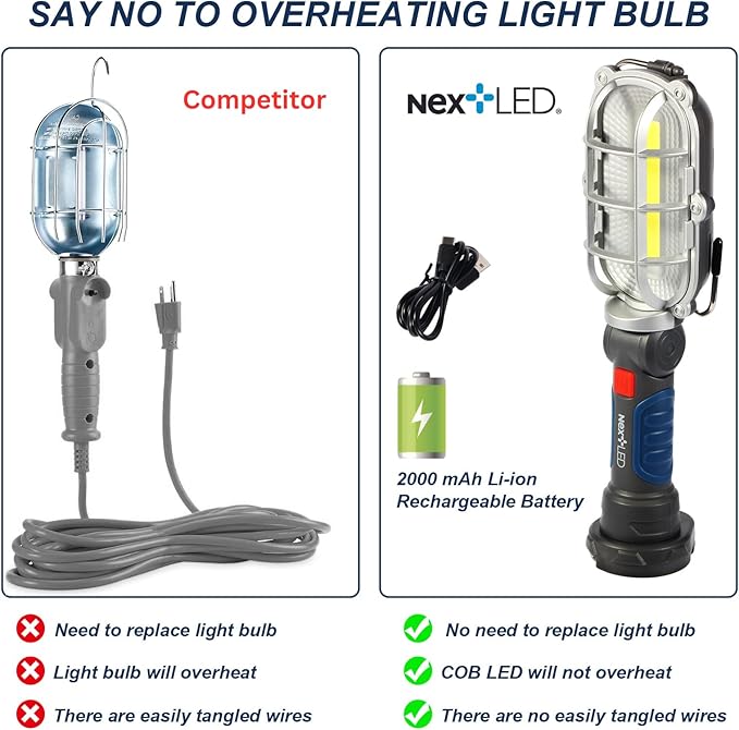 (Improved) NextLED NT-5571 Rechargeable Magnetic LED Work Light, 1000 LM Trouble Light, Cordless LED Drop Light, Mechanic Flashlight for Garage, Enhanced Magnetic Base & Hook, Automotive Tasks