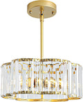 Small Gold Crystal Chandelier,3-Ligh Modern Dining Room Light Fixture Over Table,Round Kitchen Hallway Lighting Fixture, Semi Flush Mount Ceiling Pendant Light for Entryway Foyer， 12''