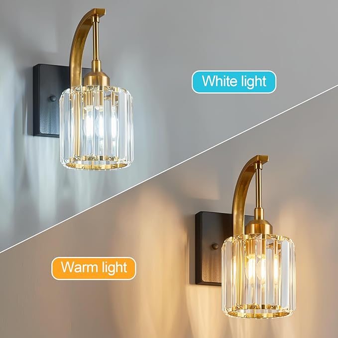 Wall Sconces, Set of 2 Black Gold Crystal Vanity Lights, Modern Wall Lamp for Bathroom, Hallway, and Makeup, Easy Installation